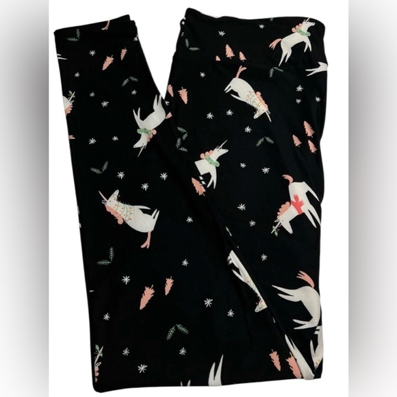 LuLaRoe Pants - Black Unicorn Print Christmas Leggings - Pink & White Accents